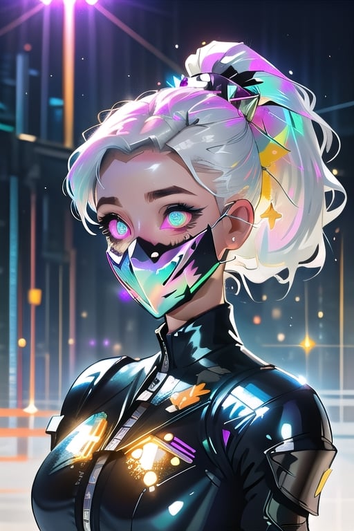 (masterpiece), best quality, expressive eyes, perfect face, glowing eyes, white hair, bangs, ponytail, bunny_suit, hair ornaments, latex bodysuit, breast armor, Volumetric Lighting, glitter, blush stickers, glitter, High detailed, SAM YANG, glitter, shiny, cyberpunk, mask
