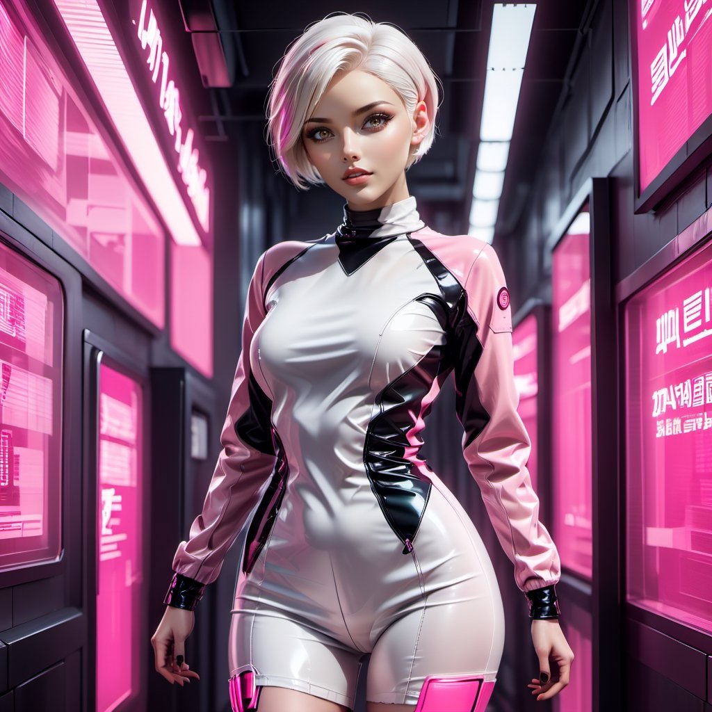 a beautiful and sexy woman, WHITE SHORT HAIR,, Cyberpunk, ((((((perfect FUL  body STANDING)))))) wiDE HIPS ((((PINK LATEX VERY TIHGT  clothing))) ), perfect eyes,