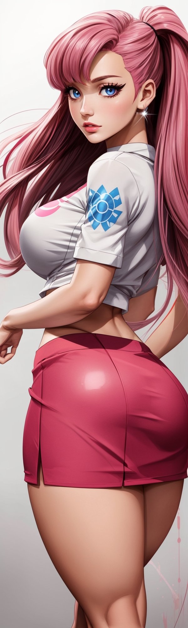 ((masterpiece, best quality)), jessie, pokemon, purple long hair white top with red letter R, very short pink skirt,,perfect hands,sexy,curvy body,detailed face,perfect eyes,detailed hands,hands up,light background,mix of fantasy and realistic, open body, big ass, elements,vibrant manga,uhd picture , crystal translucency, vibrant artwork,jessie\(pokemon\),EnvyBeautyMix23
