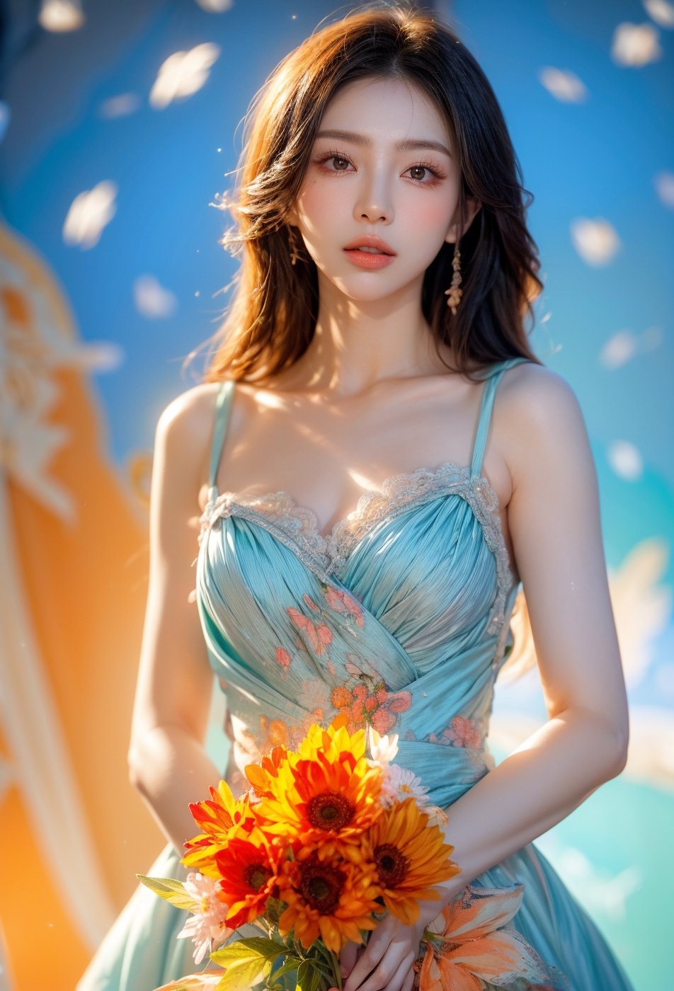 woman,  flower dress,  colorful,  darl background, blue theme, exposure blend,  medium shot,  bokeh,  (hdr:1.4),  high contrast,  (cinematic,  teal and orange:0.85),  (muted colors,  dim colors,  soothing tones:1.3),  low saturation, ,  (pureerosface_v1:0.8),  (ulzzang-6500-v1.1:0.8)