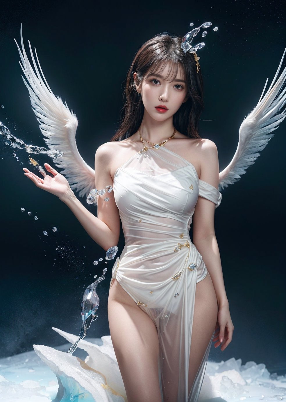 (masterpiece,  top quality,  best quality,  official art,  beautiful and aesthetic:1.2),  (1girl:1.2), ice sorcerer, cute,  light eyes,   beautiful face, ((Transparent heavenly plumage)),extreme detailed, sexy pose, pussy, large breats, Transparent,  ice crystal,  exposed_pussy, 
thigh_gap,  (abstract:1.4,  fractal art:1.3), (shain gold hair:1.1),  fate \(series\),  colorful, highest detailed, blizzard, ice balls storm, lightning, Swirling frozen, flying ice orbs, ability to manipulate ice, (splash_art:1.2),  jewelry:1.4,  silver wear, scenery,  ink, icemancer, necromancer, colorful_girl_v2,ice_sculpture,DonMPl4sm4T3chXL ,Circle,magical circle,YAMATO,iu