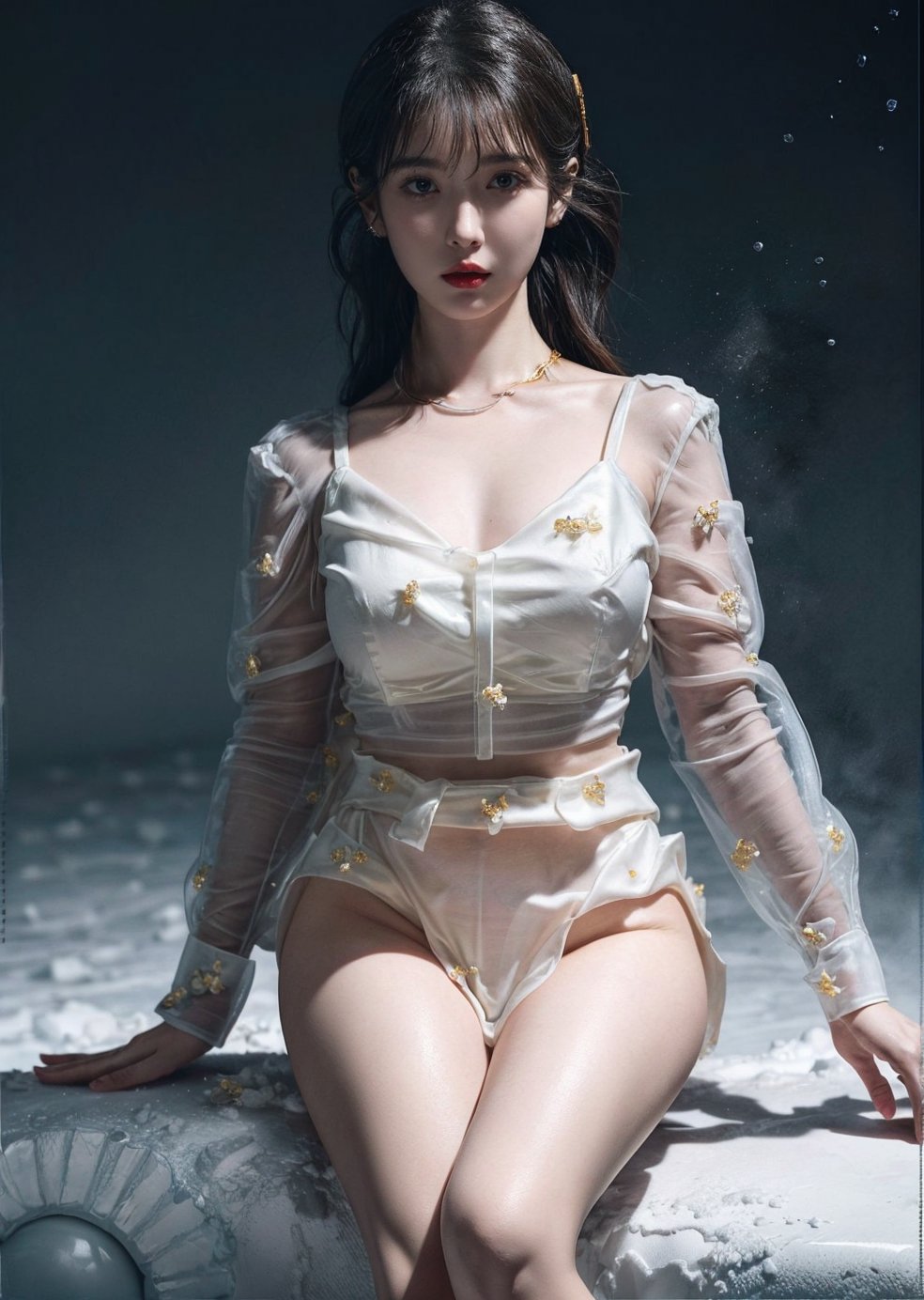 (masterpiece,  top quality,  best quality,  official art,  beautiful and aesthetic:1.2), IU, (1girl:1.2), ice sorcerer, cute,  light eyes,   beautiful face, ((Transparent heavenly plumage)),extreme detailed, sexy pose, pussy, large breats, Transparent,  ice crystal,  exposed_pussy, 
thigh_gap,  (abstract:1.4,  fractal art:1.3), (shain gold hair:1.1),  fate \(series\),  colorful, highest detailed, blizzard, ice balls storm, lightning, Swirling frozen, flying ice orbs, ability to manipulate ice, (splash_art:1.2),  jewelry:1.4,  silver wear, scenery,  ink, icemancer, necromancer, colorful_girl_v2,ice_sculpture,magical circle,YAMATO,iu