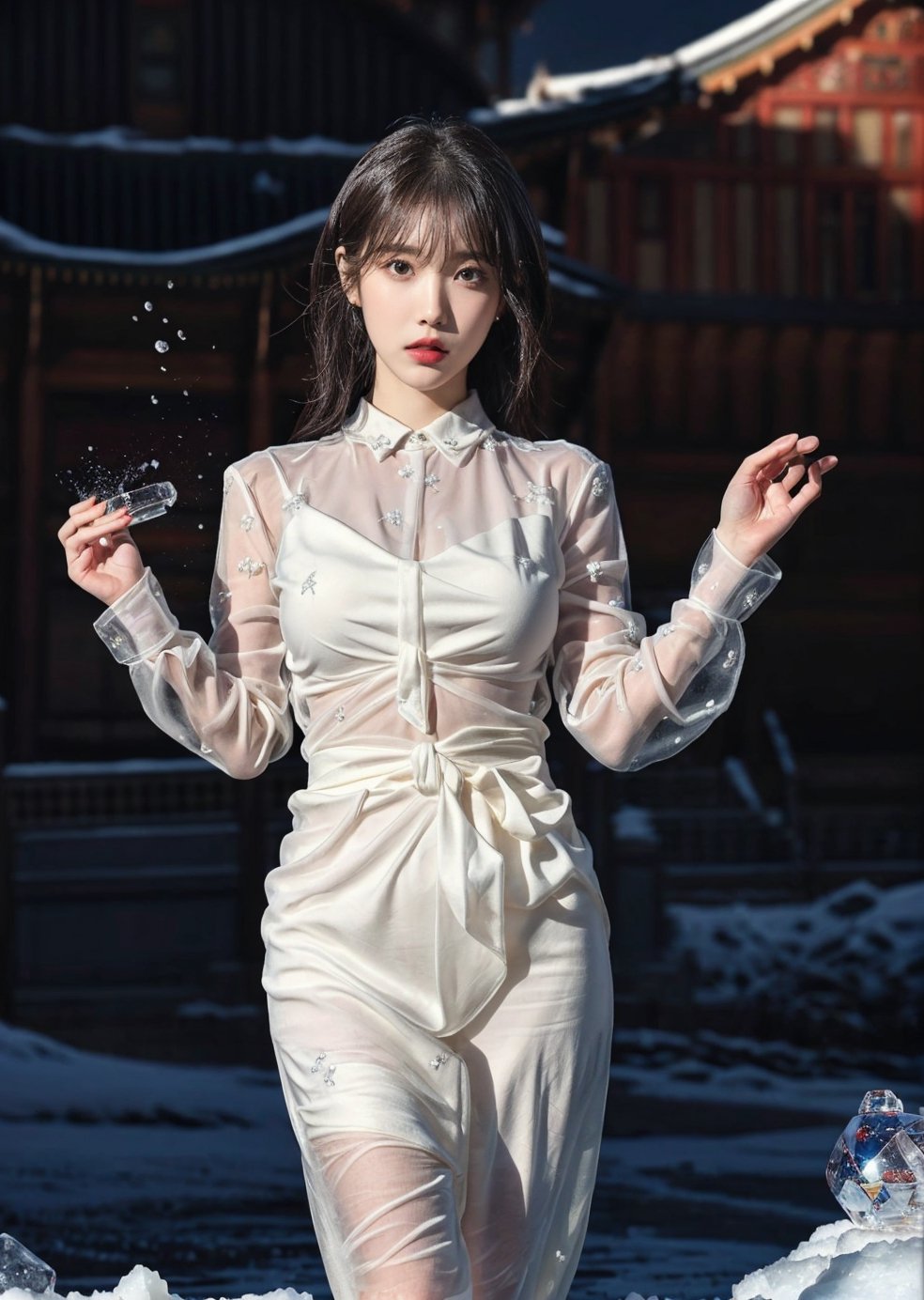 (masterpiece,  top quality,  best quality,  official art,  beautiful and aesthetic:1.2), IU, (1girl:1.2), ice sorcerer, cute,  light eyes,   beautiful face, ((Transparent heavenly plumage)),extreme detailed, sexy pose, pussy, large breats, Transparent,  ice crystal,  exposed_pussy, 
thigh_gap,  (abstract:1.4,  fractal art:1.3), (shain gold hair:1.1),  fate \(series\),  colorful, highest detailed, blizzard, ice balls storm, lightning, Swirling frozen, flying ice orbs, ability to manipulate ice, (splash_art:1.2),  jewelry:1.4,  silver wear, scenery,  ink, icemancer, necromancer, colorful_girl_v2,ice_sculpture,magical circle,YAMATO,iu,Kurotaki Rin