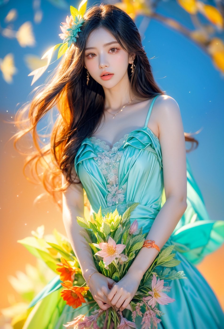 woman,  flower dress,  colorful,  darl background, blue theme, exposure blend,  medium shot,  bokeh,  (hdr:1.4),  high contrast,  (cinematic,  teal and orange:0.85),  (muted colors,  dim colors,  soothing tones:1.3),  low saturation, ,  (pureerosface_v1:0.8),  (ulzzang-6500-v1.1:0.8)