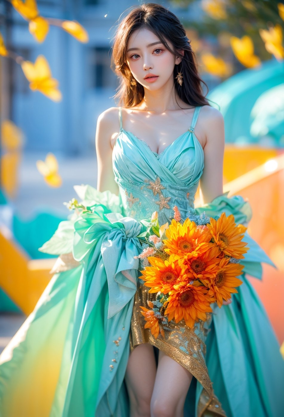 woman,  flower dress,  colorful,  darl background, blue theme, exposure blend,  medium shot,  bokeh,  (hdr:1.4),  high contrast,  (cinematic,  teal and orange:0.85),  (muted colors,  dim colors,  soothing tones:1.3),  low saturation, ,  (pureerosface_v1:0.8),  (ulzzang-6500-v1.1:0.8)