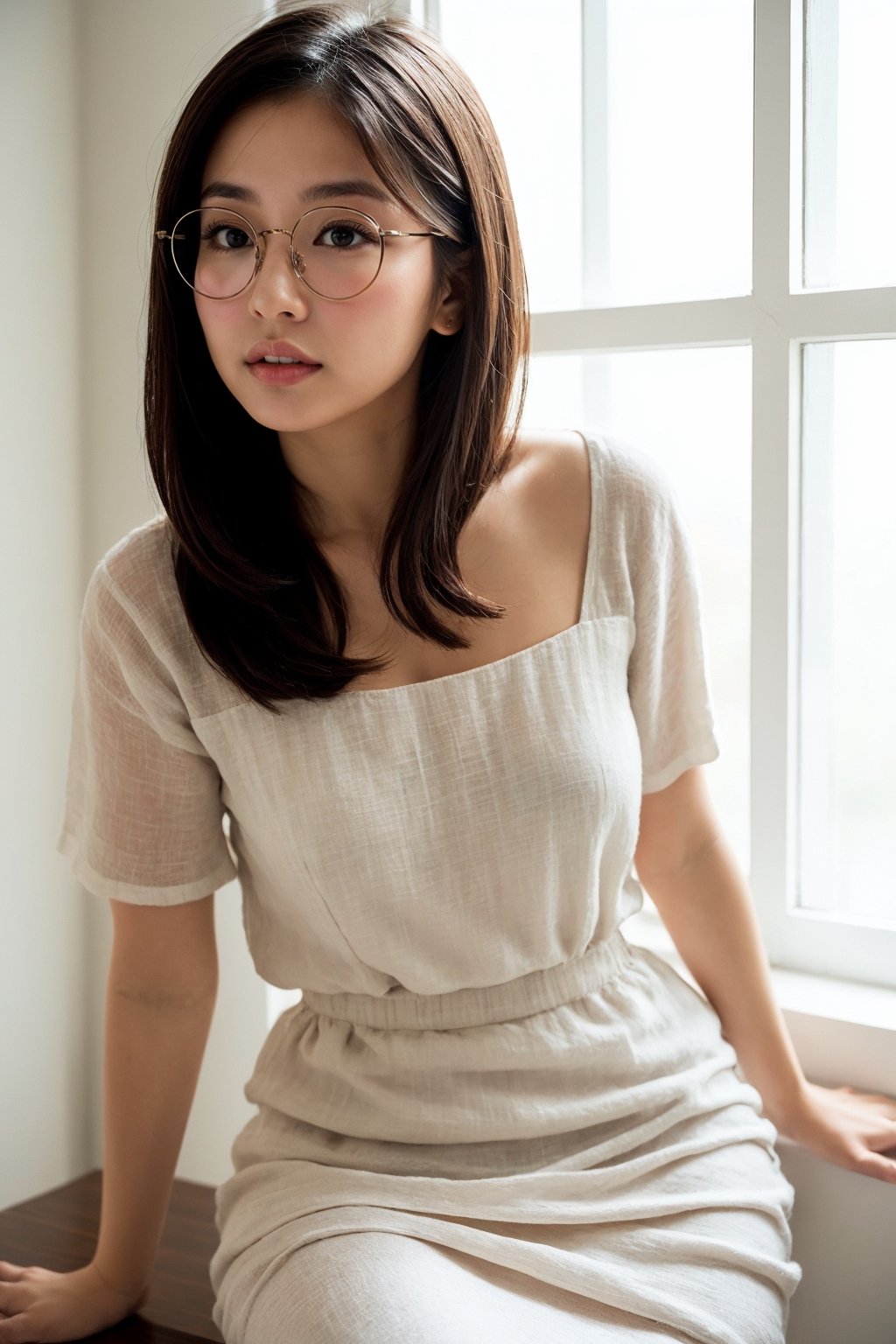 beautiful Asian teacher, baby face, round glasses, window, white theme , linen dress, open dress, alluring, sensual 