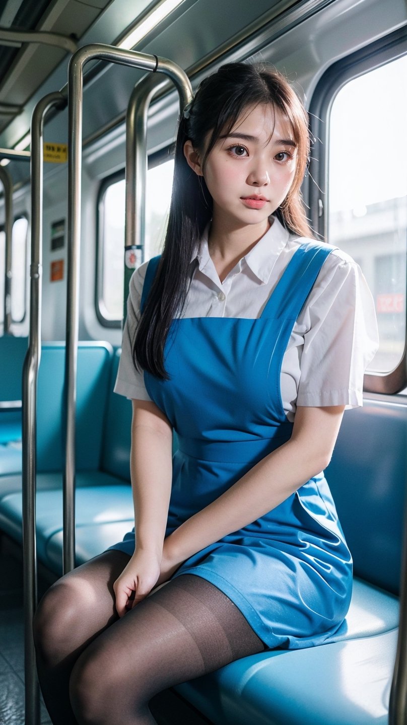 (Raw photo, real photo, bokeh:1.2) , blue_pinafore, woman, pure face, sitting, (pantyhose:1.1), inside train, soft natural light