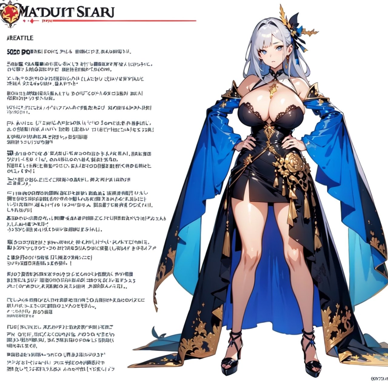 1 girl, anime, design, custom character, character design, full body, modelsheet, big boobies, big breast, huge breasts(CharacterSheet:1)(masterpiece, top quality, best quality, official art, beautiful and aesthetic:1.2), extreme detailed,(fractal art:1.3),highest detailed, miniskirt, gothic lolita, cleavage dress, bare shoulders,YAMATO,