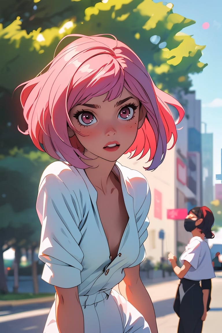 1 Girl, Pink Hair, Skinny, 18yo, short_hair, 
Posing, white female romper, small tits, small breast
Public park, blurred background
Bust up frame, camera pov,