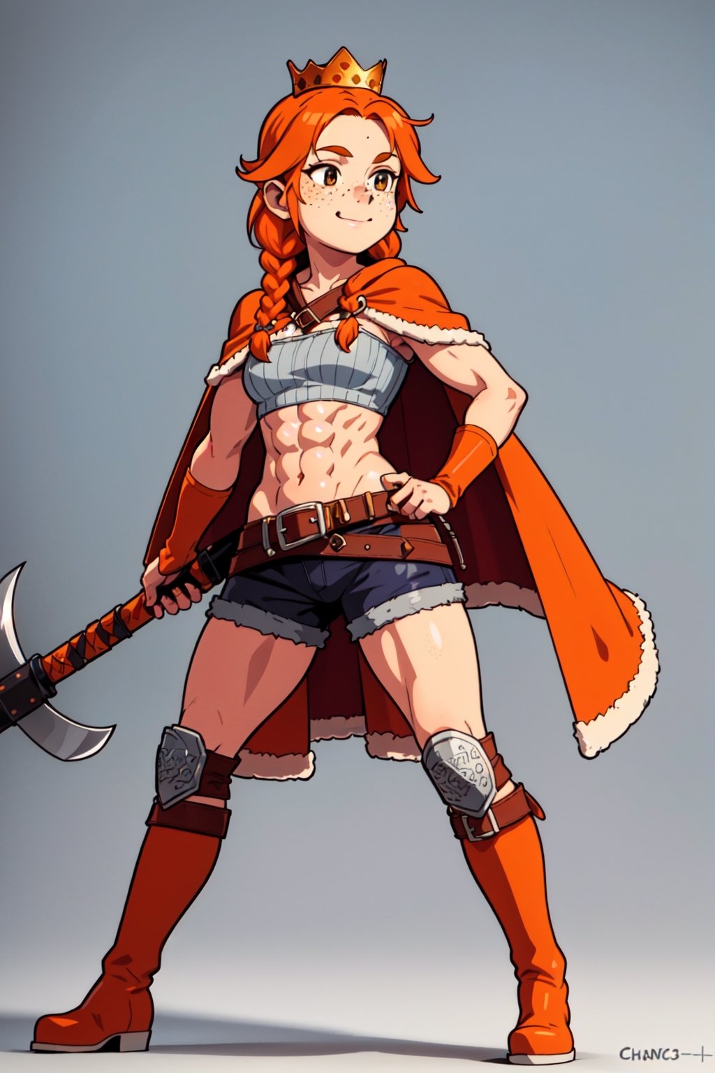 1 girl,  viking, axe in hand, braid, freckles, orange hair, crown, belt, abs, happy, cape, short, boots, 3D