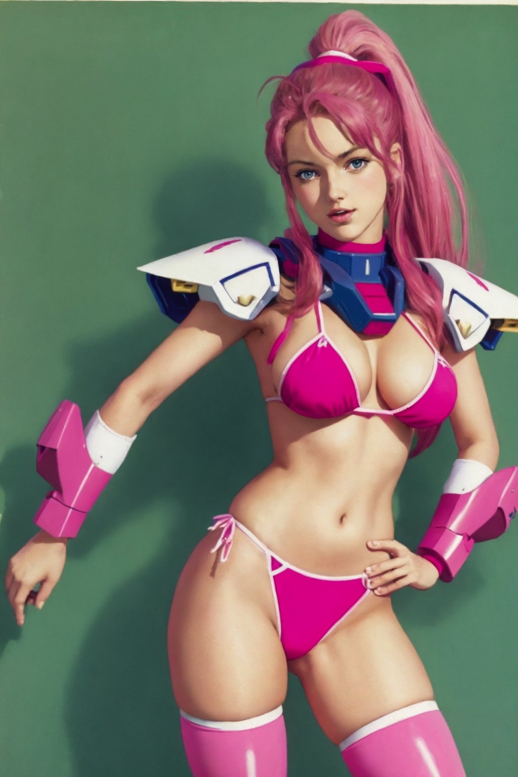  High quality, masterpiece, wallpaper, a beautiful girl wearing pink Bikini armor, a British girl,thighs, sexy, ponytail, long hair, eye high stockings,Gundam,BJ_Gundam,mecha musume