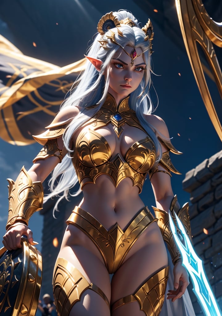 The Dark Elf Queen is looking down at the warriors about to deploy from the palace terrace. The pale sunlight of early morning casts a cold light on dark blue skin, and the tips of the spears sparkle with the warriors' resolute will. She stands tall and erect, her body ready for battle. Perfect tiger's eye eyes, a shining golden bow in his left hand, and his armor is made of interlocking gold plates, each piece inscribed with intricate runes. As she prepares for battle, she is completely focused on the task at hand, but she encourages her warriors with a determined look on her face so as not to let it show that she is heartbroken by her people's decision to make sacrifices.