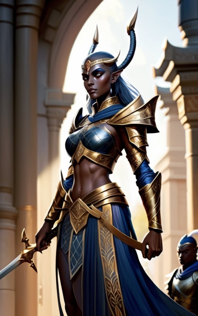 The Dark Elf Queen is looking down at the warriors about to deploy from the palace terrace. The pale sunlight of early morning casts a cold light on dark blue skin, and the tips of the spears sparkle with the warriors' resolute will. She stands tall and erect, her body ready for battle. Perfect tiger's eye eyes, a shining golden bow in his left hand, and his armor is made of interlocking gold plates, each piece inscribed with intricate runes. As she prepares for battle, she is completely focused on the task at hand, but she encourages the warriors with an expressionless face so as not to let it show that she is heartbroken by her people's decision to make sacrifices. It seems they are ready to defend the city at any cost.