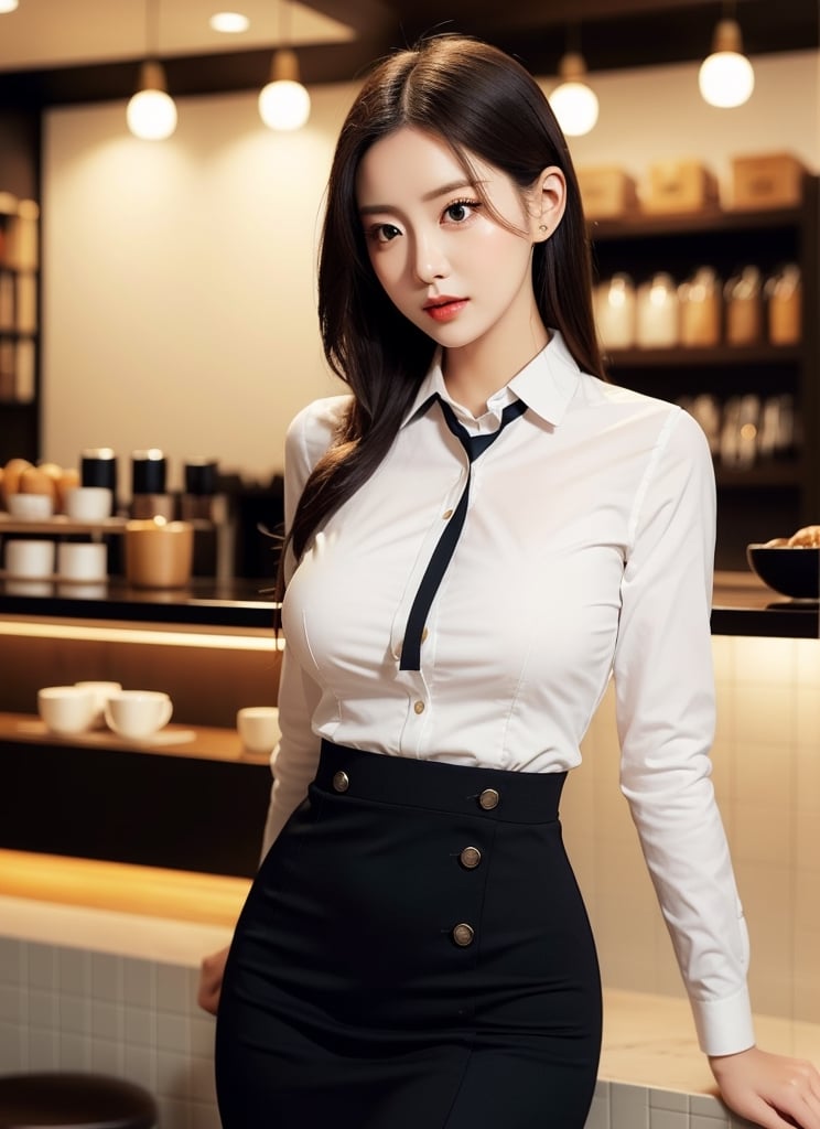 Dressed in a flight attendant's uniform and lost in thought at a cafe, she is an attractive 28-year-old with big eyes, a round face, open lips, a sharp nose, long eyelashes, D-cup breasts, elastic hips, a slim waist, and a sensual body.