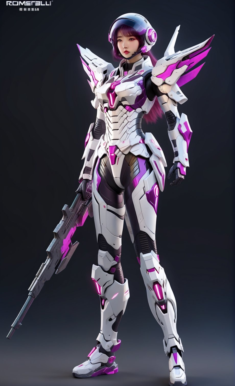 Korean actress, villain actress, ((full body shot)), athlete body, mature female warrior in her 20s ((wearing white and purple colors combat gear)), (Mobile suit type), (take off helmet), futuristic equipment, pink line display gauntlets, rifle, wide feet robotics boots, wing style big shoulder pads, wide pelvis, perfectly detailed, 8k resolution, dreamlike, futuristic combat suit, (((futuristic suit))), (((masterpiece))), (((best quality))), ((ultra-detailed)), extremely detailed, high quality, hyper detail, masterpiece, best quality, best quality, ultra detailed, flying long hair, Bokeh lighting