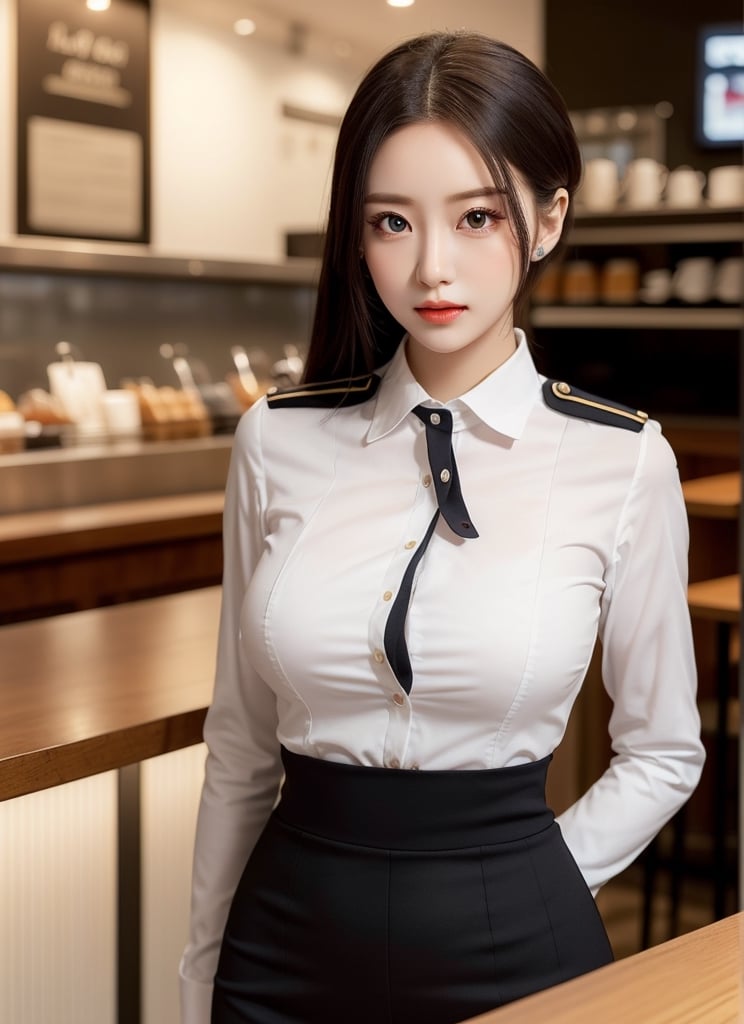 Dressed in a flight attendant's uniform and lost in thought at a cafe, she is an attractive 22-year-old with big eyes, a beautiful doll face, open lips, a sharp nose, long eyelashes, D-cup breasts, elastic hips, a slim waist, and a sensual body.