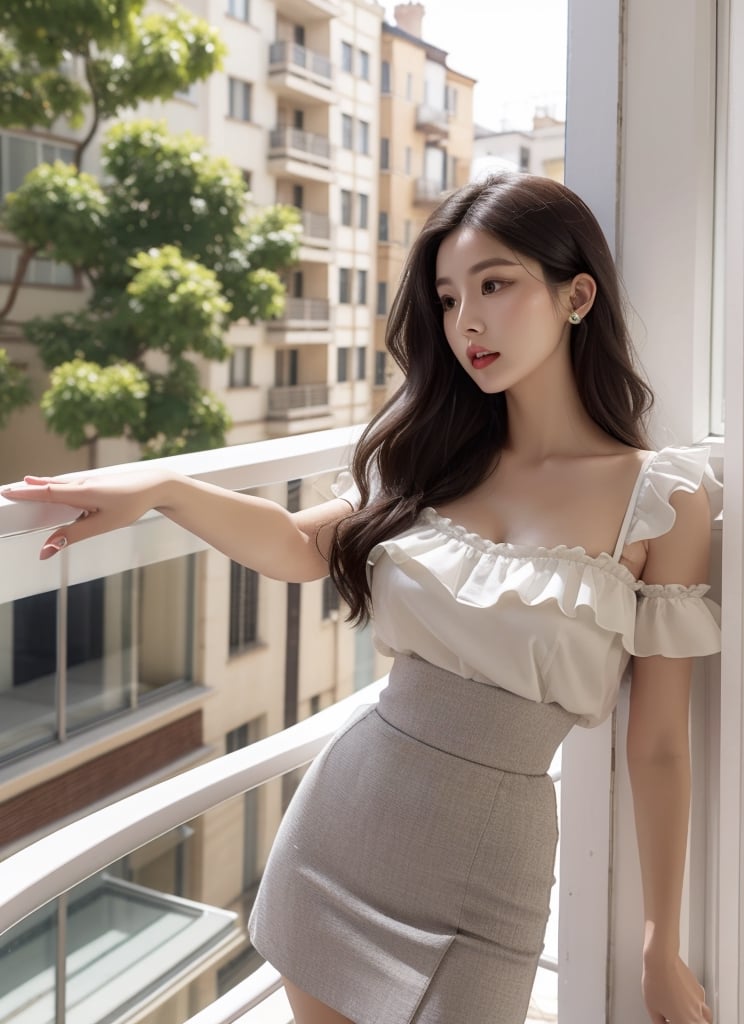 Wearing a frilly blouse and a Chanel line skirt and lost in thought on the balcony, she is an attractive 32-year-old with clear eyes, a slender face, chubby lips, a sharp nose, long eyelashes, long wavy hair, elastic breasts and hips, and a slim waist.