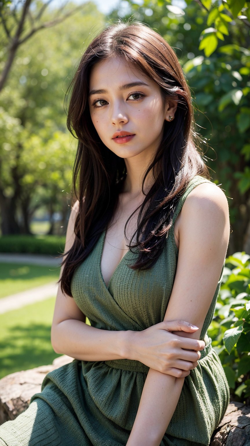 In a lush, verdant garden, a girl sits amidst vibrant blooms, basking in the warm sunlight that casts a gentle glow on her tranquil expression. Soft, studio lighting wraps around her, with subtle highlights accentuating her features. The camera captures her serene pose, surrounded by a tapestry of colorful flowers and trees, their textures and details rendered in ultra-high definition (4K/8K). Bokeh effects soften the background, while crisp details define every leaf, petal, and hair strand. HDR and UHD technologies amplify the colors, resulting in a photorealistic masterpiece that exudes blissful serenity.