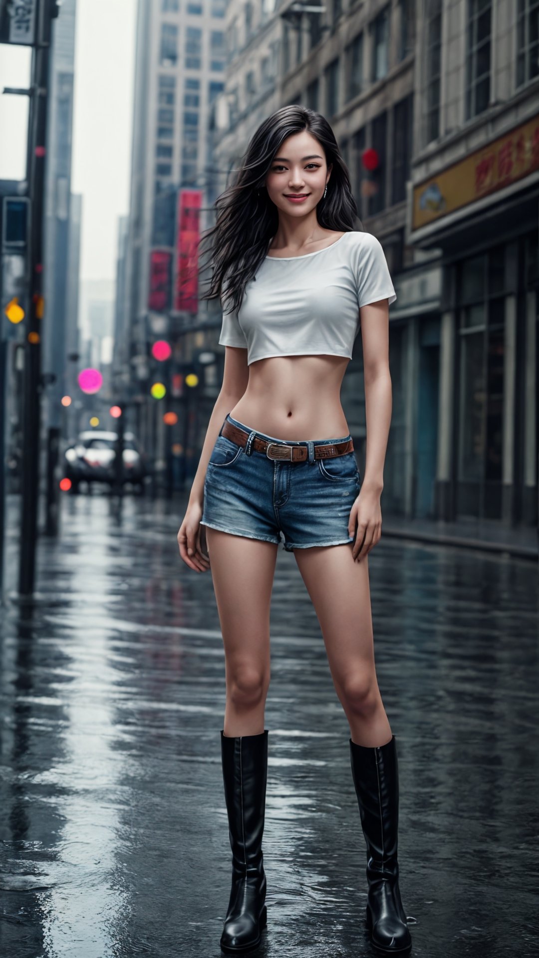 best quality, (masterpiece:1.4), ultra detailed, (photorealistic:1.4), 1girl, china_dress, 19 years old, light smile, small hair, black long hair, crop_top shirt, open piyama, shorts, boots, rain, city center, standing, soaked, fullbody_view, film grain, ray tracing, detailed background, 3d rendering, ultra relistic, cowboy_shot, dslr