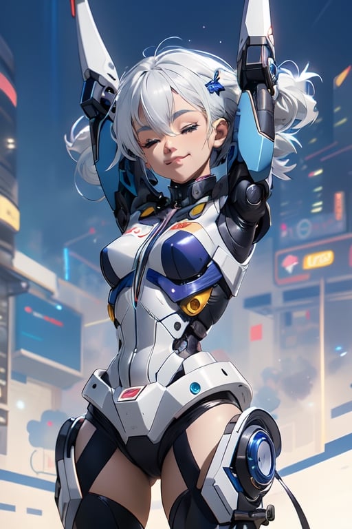 a anime girl with white hair and blue eyes is posing for a picture with her arms out and her eyes closed, Ai-Mitsu, anime girl, a raytraced image, superflat,mecha,glitter