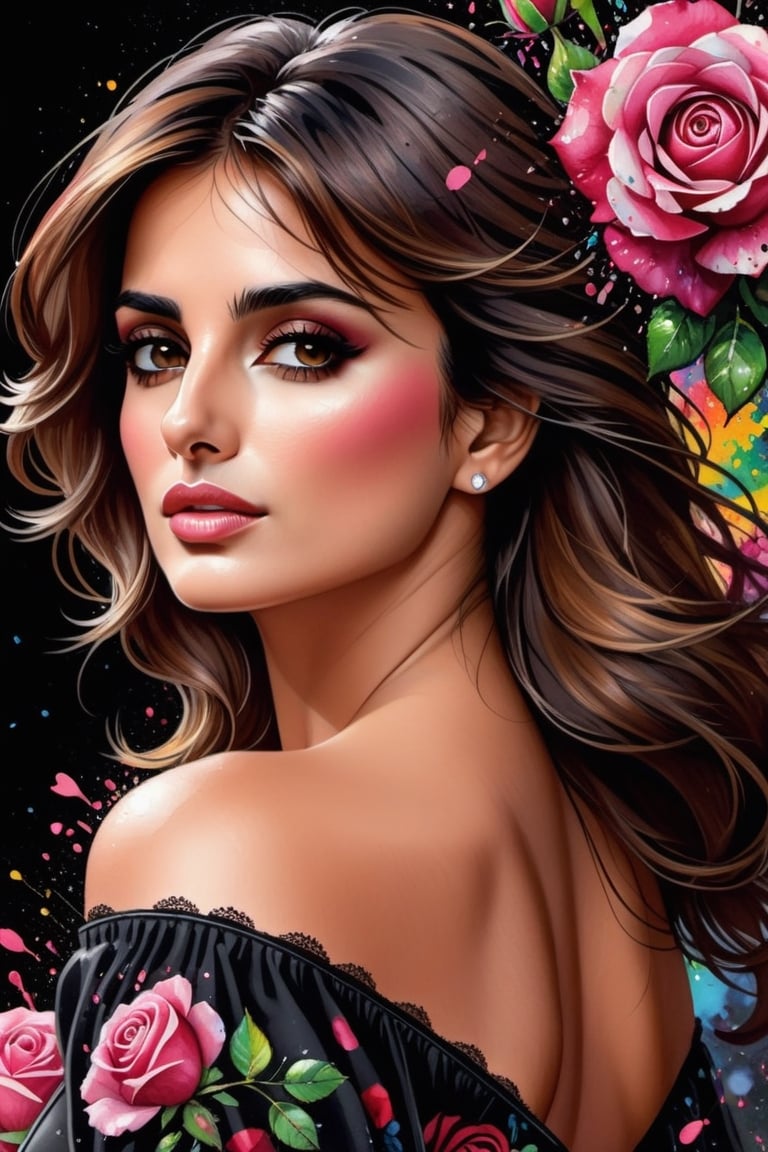 close up photo of Penelope Cruz, off shoulder , watrcolor style, (rose) digital art, black background, among the roses, official art, blown by the wind, masterpiece, beautiful, ((watercolor)), paint splatter, intricate detail. Great detail, [dripping:0.7], Trending on Artstation, Rachel Walker,real_booster,colorful