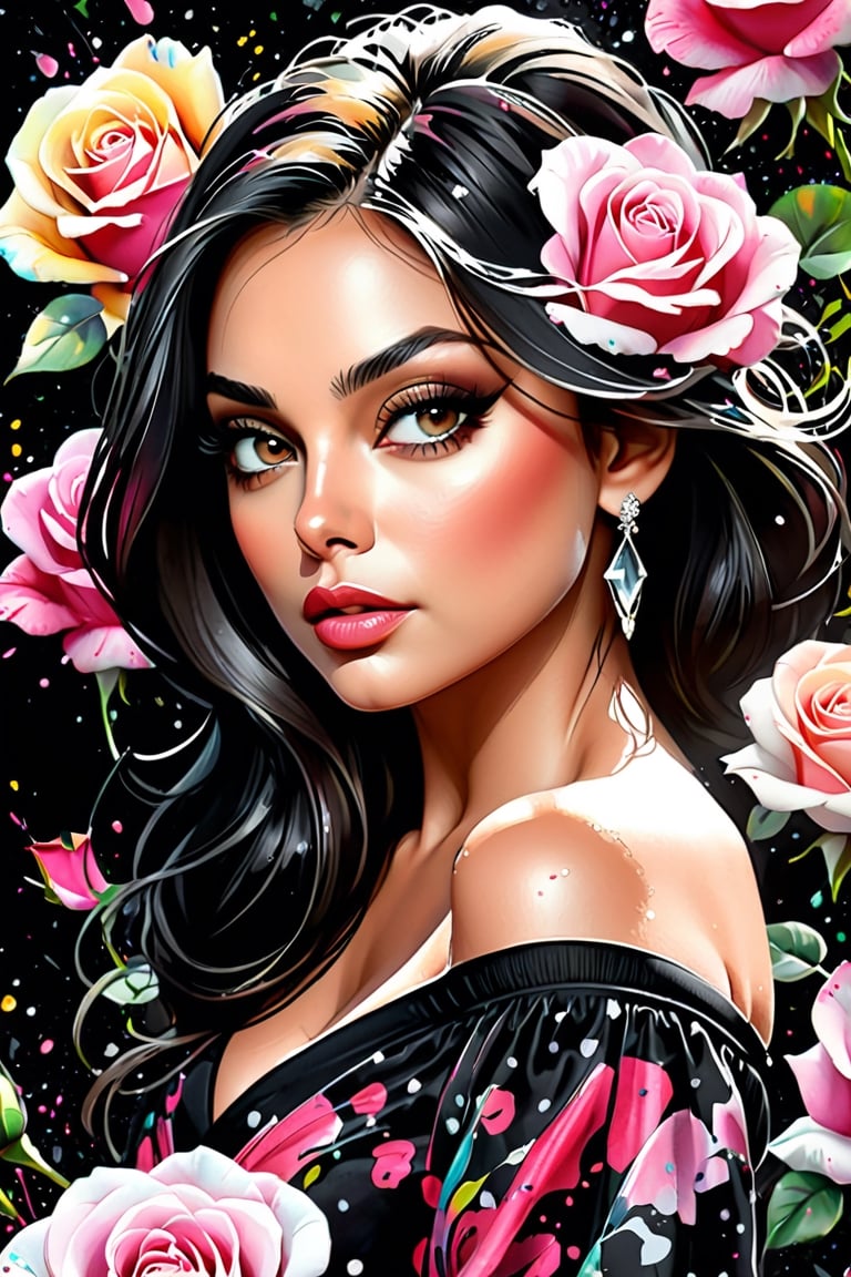 close up photo of Mila Kunis, off shoulder , watrcolor style, (rose) digital art, black background, among the roses, official art, blown by the wind, masterpiece, beautiful, ((watercolor)), paint splatter, intricate detail. Great detail, [dripping:0.7], Trending on Artstation, Rachel Walker,real_booster,colorful