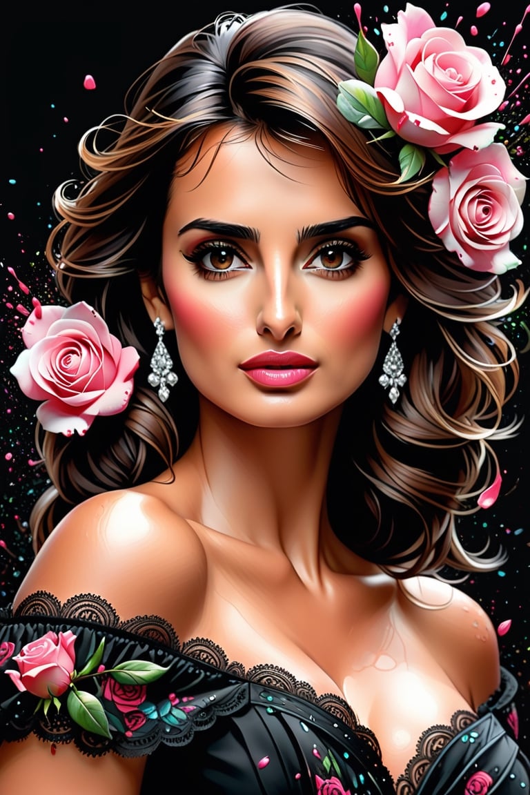 close up photo of Penelope Cruz, off shoulder , watrcolor style, (rose) digital art, black background, among the roses, official art, blown by the wind, masterpiece, beautiful, ((watercolor)), paint splatter, intricate detail. Great detail, [dripping:0.7], Trending on Artstation, Rachel Walker