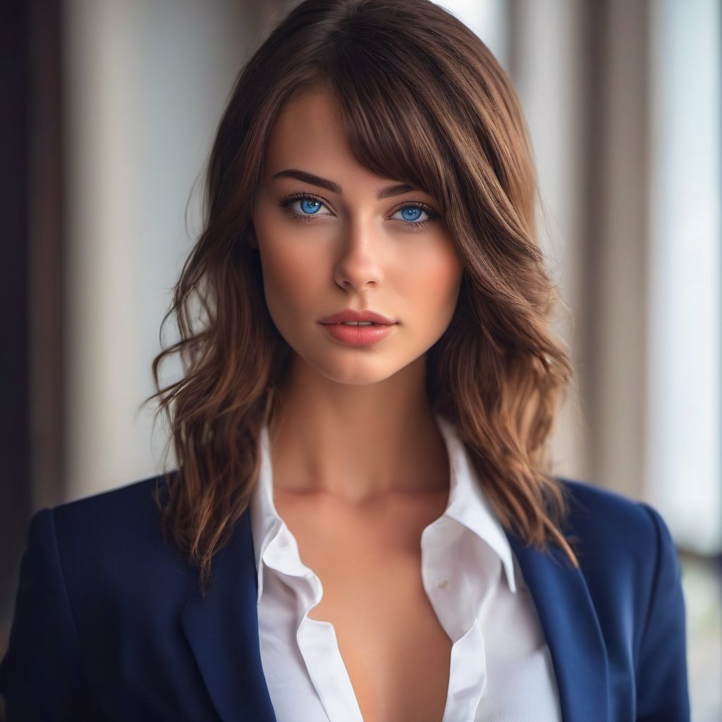 23 year old woman wearing blazer navy blue, russian, white skin, brown hair, blue eyes, Realistic image, perfect image, perfect face, Cinematic lighting, head display, sexy, erotic, naughty