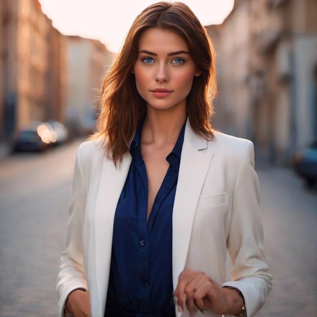 23 year old woman wearing blazer navy blue, russian, white skin, brown hair, blue eyes, Realistic image, perfect image, perfect face, Cinematic lighting, head display