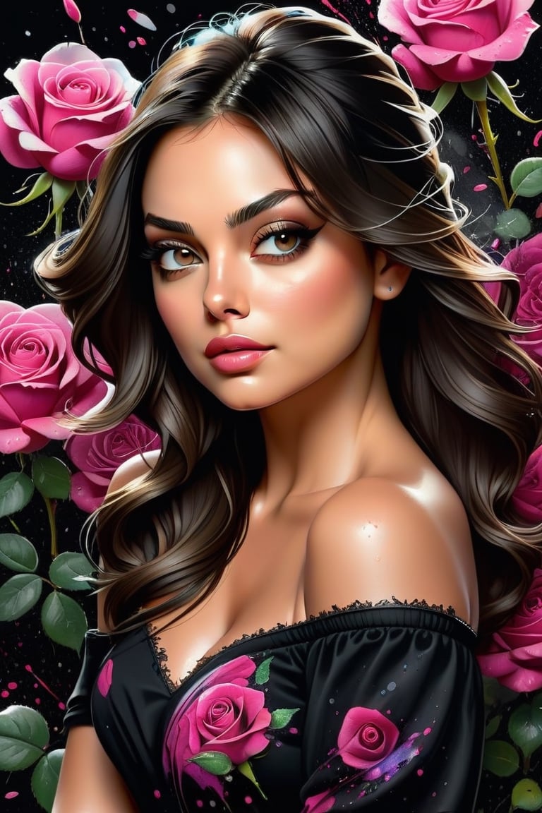 close up photo of Mila Kunis, off shoulder , watrcolor style, (rose) digital art, black background, among the roses, official art, blown by the wind, masterpiece, beautiful, ((watercolor)), paint splatter, intricate detail. Great detail, [dripping:0.7], Trending on Artstation, Rachel Walker,real_booster,colorful