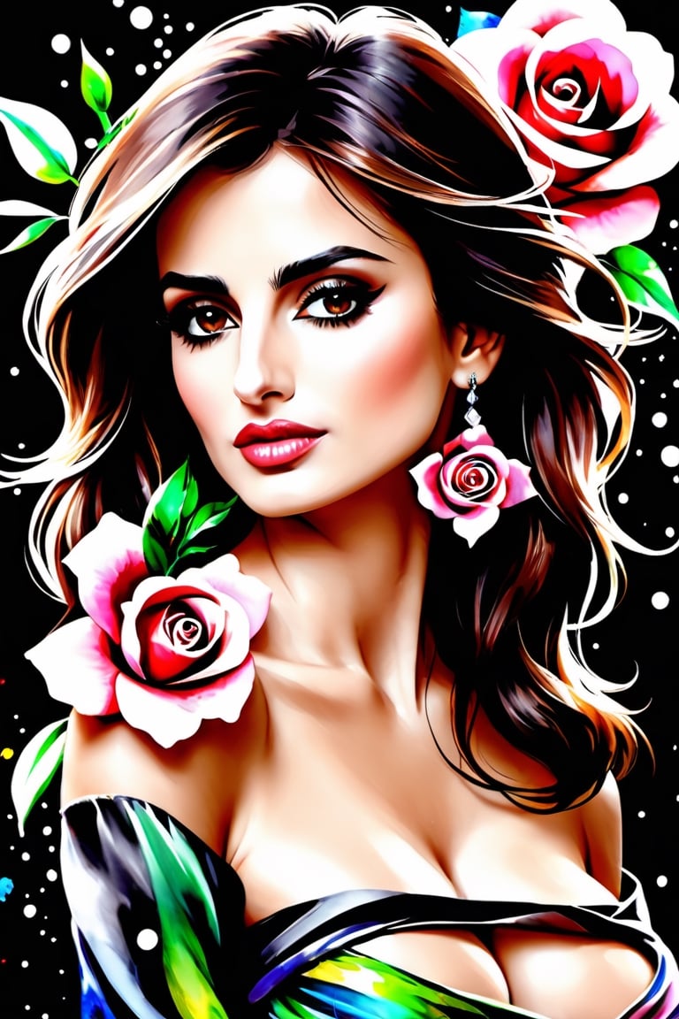 close up photo of Penelope Cruz, off shoulder , watrcolor style, (rose) digital art, black background, among the roses, official art, blown by the wind, masterpiece, beautiful, ((watercolor)), paint splatter, intricate detail. Great detail, [dripping:0.7], Trending on Artstation, Rachel Walker