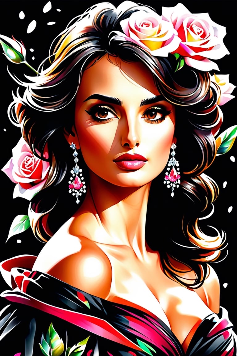 close up photo of Penelope Cruz, off shoulder , watrcolor style, (rose) digital art, black background, among the roses, official art, blown by the wind, masterpiece, beautiful, ((watercolor)), paint splatter, intricate detail. Great detail, [dripping:0.7], Trending on Artstation, Rachel Walker