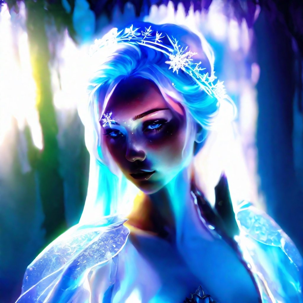 Woman with platinum hair, in a dress of ice flowers, a beautiful crown on her head, detailed face, detailed skin, front, background frozen forest, cover, unzoom, choker, hyperdetailed painting, luminism, Bar lighting, complex, 4k resolution concept art portrait by Greg Rutkowski, Artgerm, WLOP, Alphonse Mucha, little fusion pojatti realistic goth, fractal isometrics details bioluminescens : a stunning realistic photograph 30 years,aoyama nanami