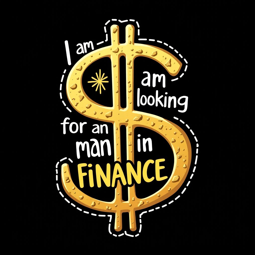 Prompt: vector art, t-shirt art , black background, dollar sign , sticker art, sticker white outline, text " I am looking for a man in FINANCE" - gold font
- handwritten  font, colorful, GOLD 3d affect, chisel metal gold, 