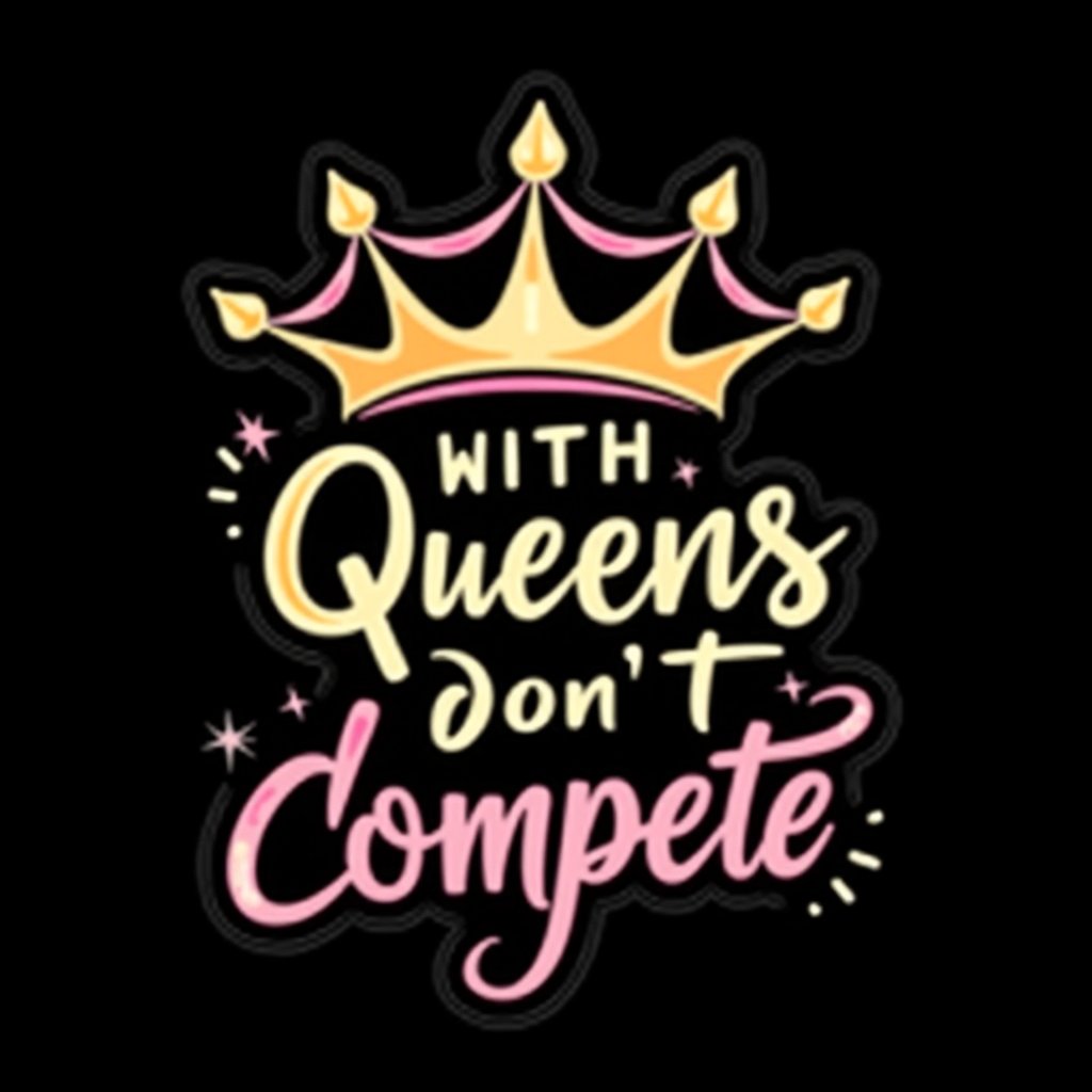 vector art, t-shirt art ,  black background,  tiara queen ,  sticker art, sticker white outline, 
text " Queens dont Compete" - handwritten  font, colorful, GOLD 3d affect, chisel metal gold, 