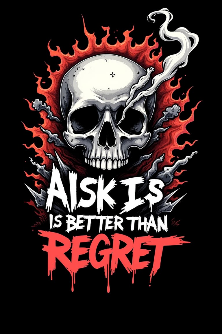 vector logo art, white outline, t-shirt art , skull head  , smoke , with comic graffiti text- "Risk is better than Regret, , black background, highres, highest definition, perfectly drawn, highest quality, 16k, 8k, masterpiece,  vibrant color, vector art, vector flat art, high res, masterpiece, , 3d depth affect, gradient colors, extremely colorful, 