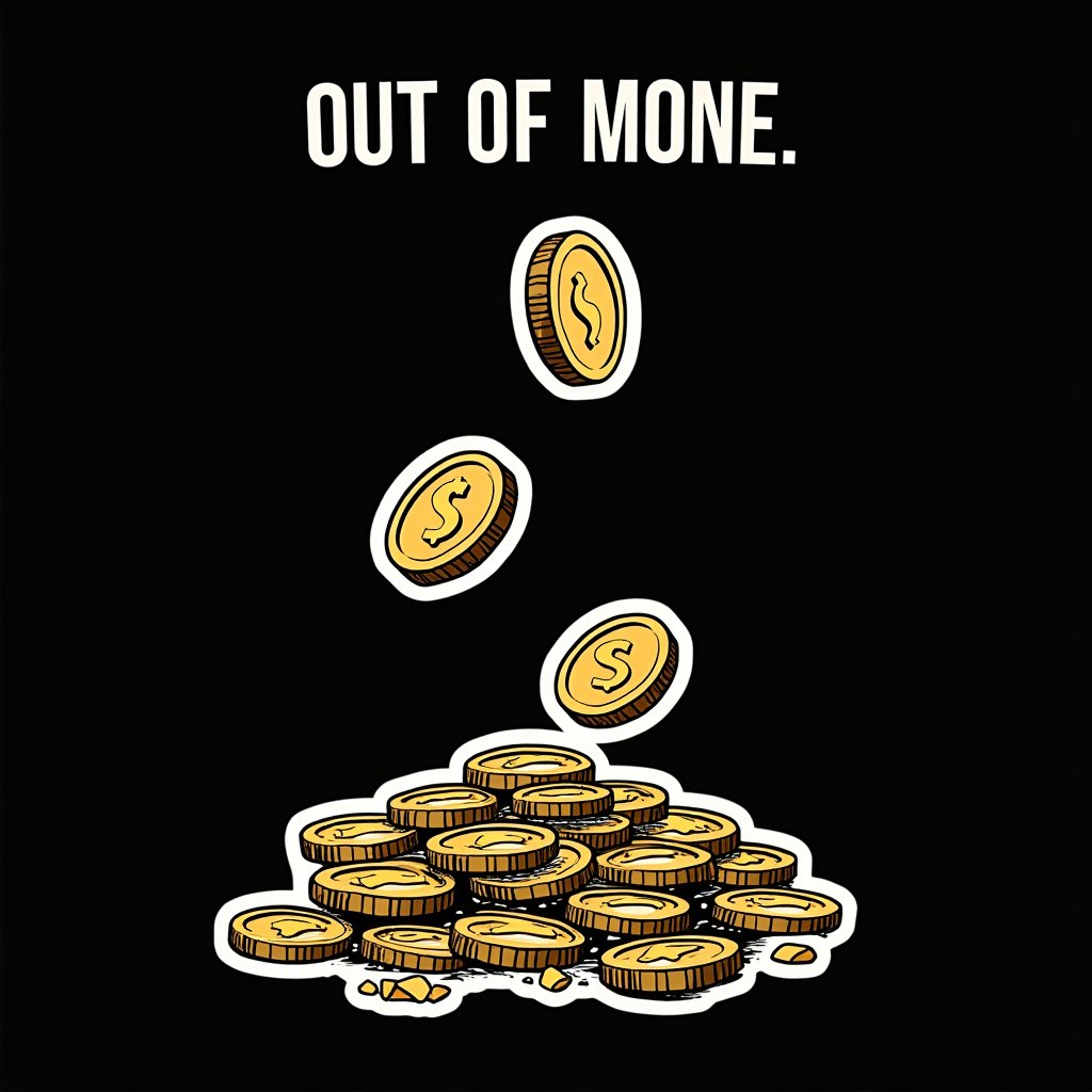 vector art, t-shirt art ,  black background,  coins falling ,  sticker art, sticker white outline, 
text " I am having an out of money experience" -  