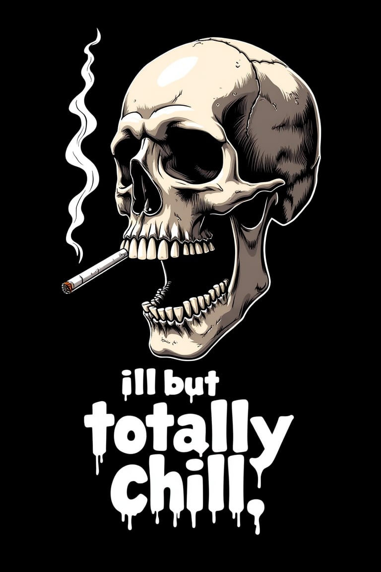 vector logo art, white outline, t-shirt art , skull head blown up, holding cigarette, smoke , with comic graffiti text- "Mentally Ill but totally chill, , black background, highres, highest definition, perfectly drawn, highest quality, 16k, 8k, masterpiece,  vibrant color, vector art, vector flat art, high res, masterpiece, , 3d depth affect, gradient colors, extremely colorful, 