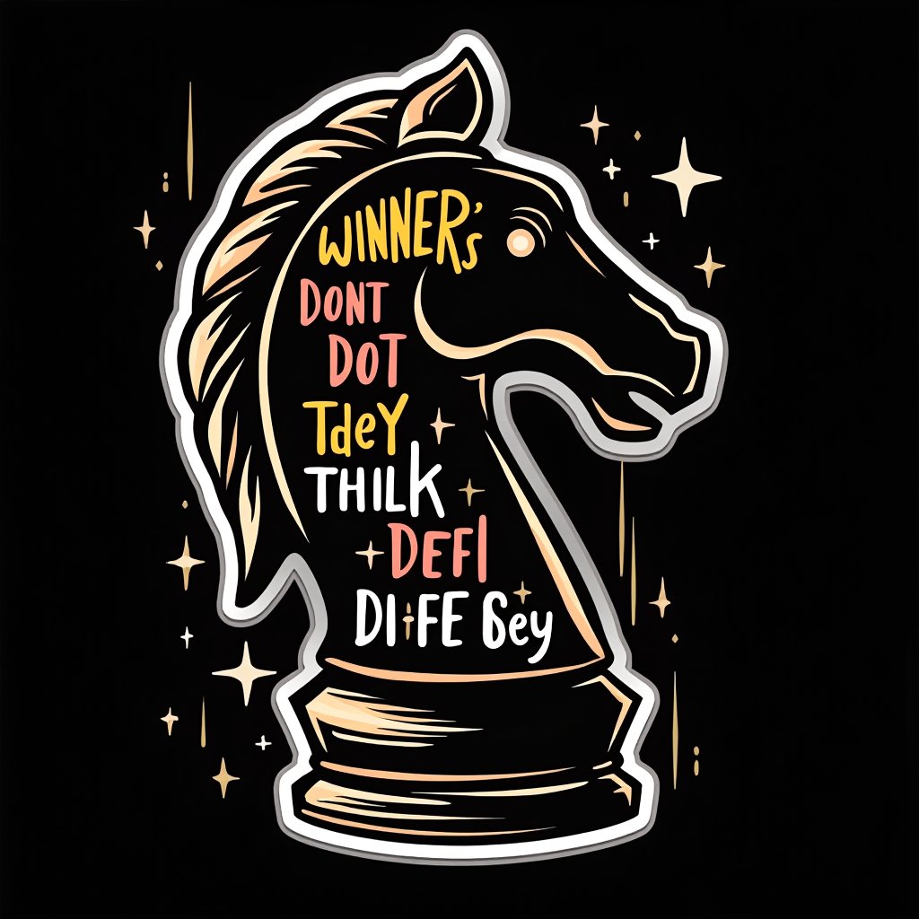 vector art, t-shirt art ,  black background, knight chess piece ,  sticker art, sticker white outline, 
text " Winner's dont do it differently ,they think differently " - handwritten  font, colorful, 