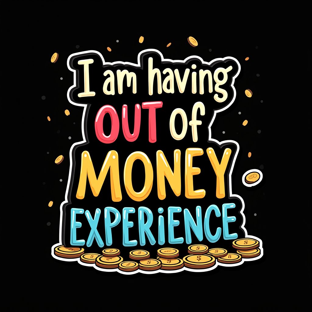 vector art, t-shirt art ,  black background,  coins falling ,  sticker art, sticker white outline, 
text " I am having an out of money experience" - handwritten  font, colorful, 