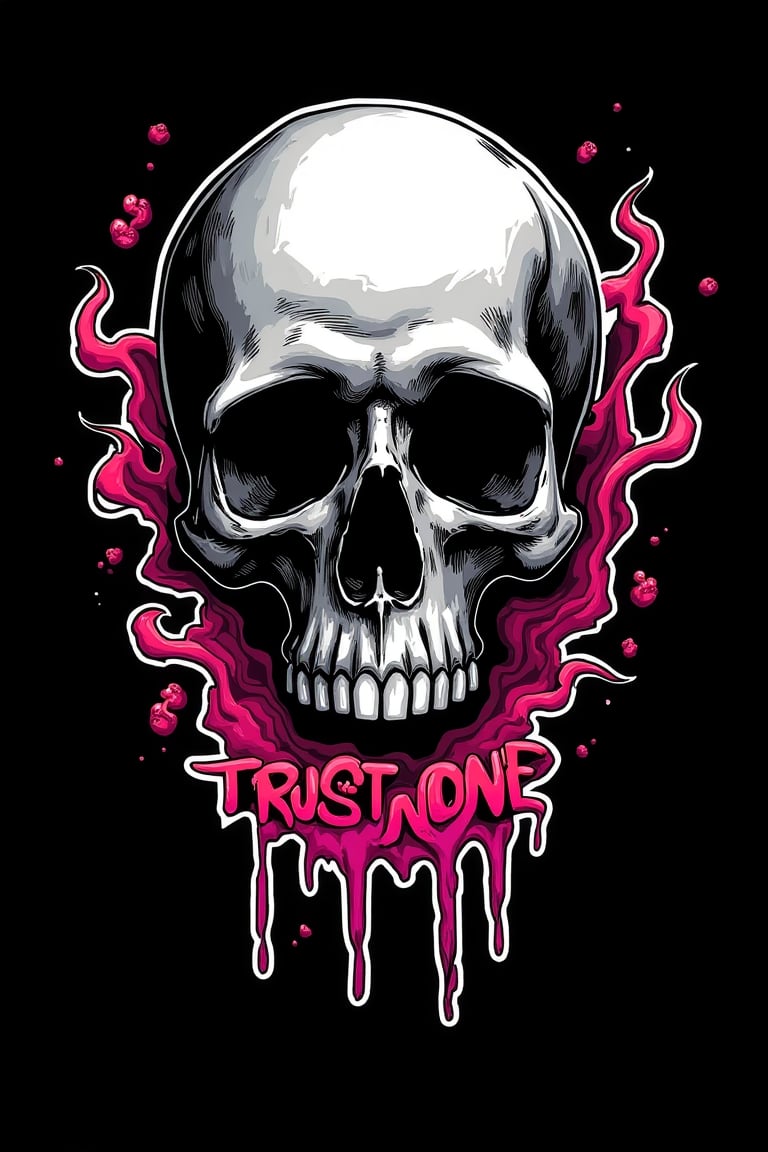 vector logo art, white outline, t-shirt art , skull  , sticker white outline,   , smoke , with comic graffiti text- "trust no one, , black background, highres, highest definition, perfectly drawn, highest quality, 16k, 8k, masterpiece,  vibrant color, vector art, vector flat art, high res, masterpiece, , 3d depth affect, gradient colors, extremely colorful, 