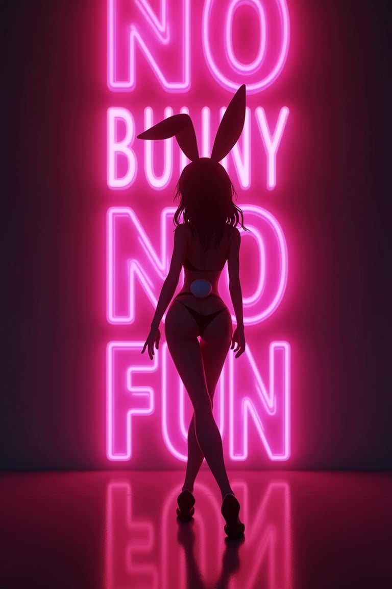 masterpiece,best quality,official art, extremely detailed CG unity 8k wallpaper,absurdres,8k resolution,anime style, A silhouette of a bunny girl in strong backlighting, contrapposto, leotard, high heel, rabbit tail, streaks of light, simple background, A large neon sign \\\\\\\"NO BUNNY NO FUN\\\\\\\" 