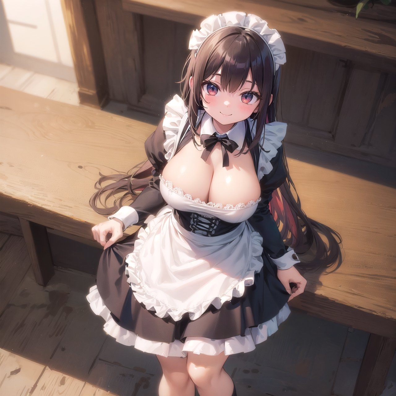 (A maid courtesy:1.4), leaning forward and lifting skirt, cleavage, very long and big breasts,
view from above, smile, wide shot, 
cute illustration, high-resolution, ultra-detailed, best quality,