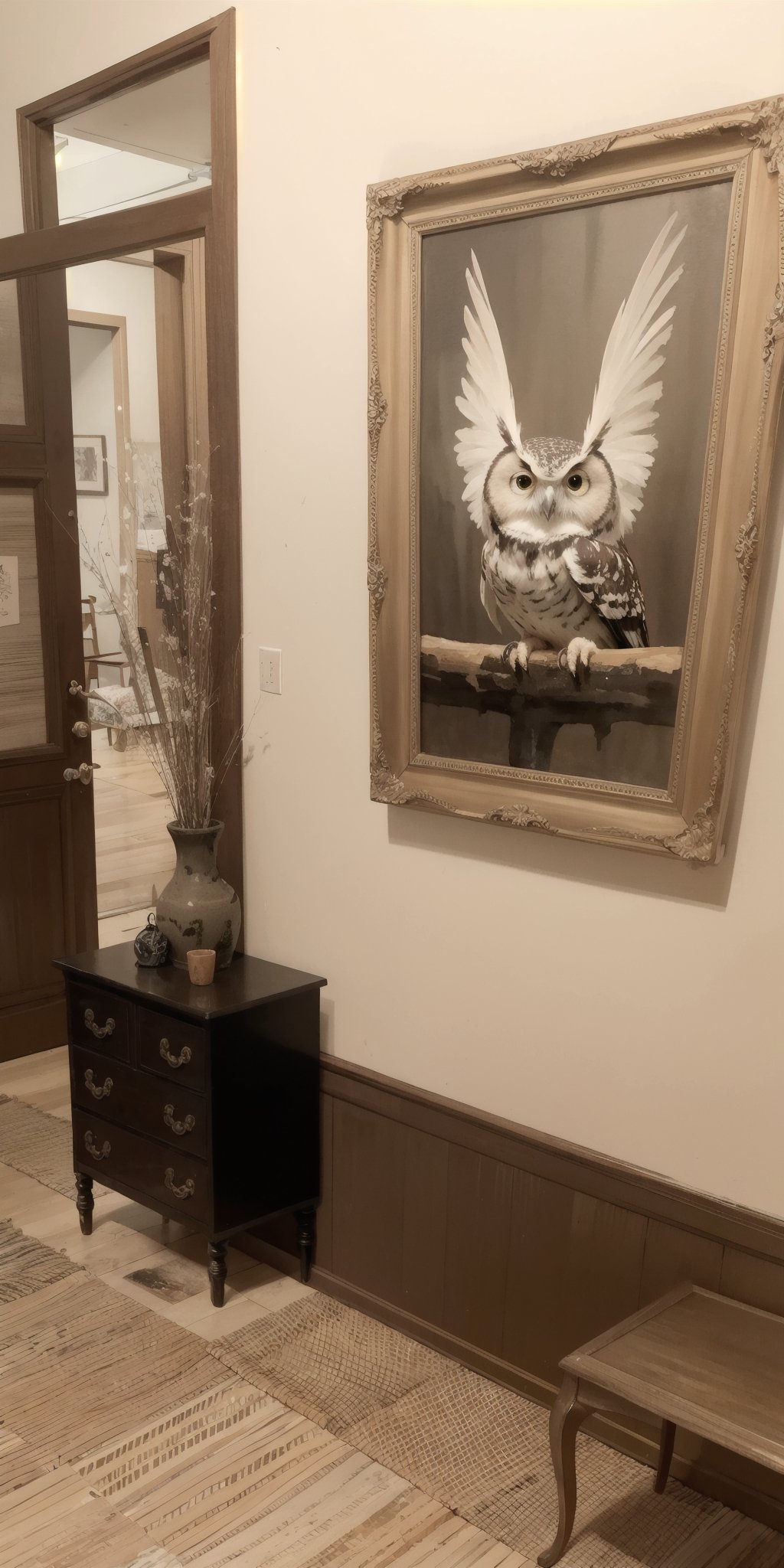 sepia color, myths of another world,Nostalogic atmosphere, pagan style graffiti art, Inside the secondhand store, framed paintings, furniture, pots, and a proud owl. watercolor \(medium\),