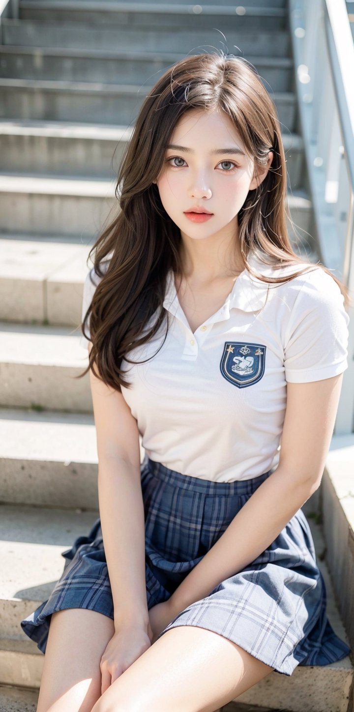 high school student,girl,school uniform,sitting on stair,Best Quality, 32k, photorealistic, ultra-detailed, finely detailed, high resolution, perfect dynamic composition, beautiful detailed eyes, sharp-focus, cowboy_shot