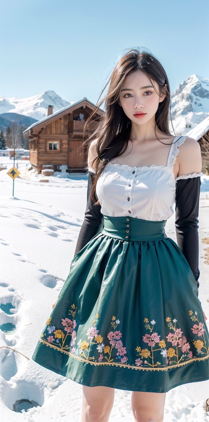 1girl, alpine meadow, early spring, wearing a traditional dirndl, melting snow, budding flowers, mountain backdrop, wooden chalet, crisp air, vibrant meadows, folklore charm, detailed embroidery, clear blue sky, refreshing tranquility, (Masterpiece, Photorealistic, 8K resolution, Ultra High Quality, Incredibly Detailed, Cinematic lighting, Perfect anatomy, RAW),