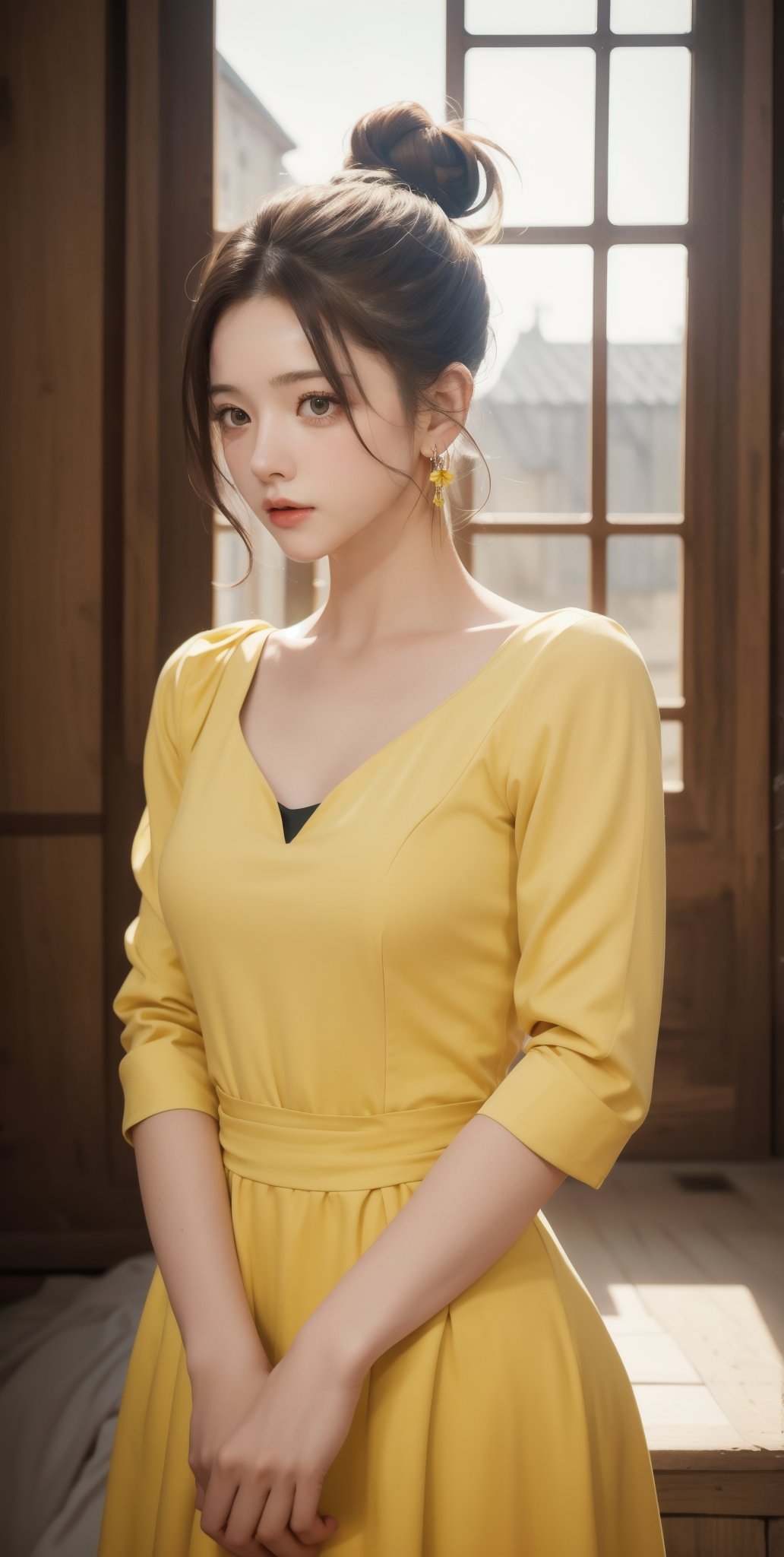 (Masterpiece:1.1), (Photorealistic:1.1), (8K resolution:1.1), (Ultra High Quality, Incredibly Detailed, Perfect anatomy, RAW), 1girl, hair bun, medieval mood, green earrings, yellow dress, 