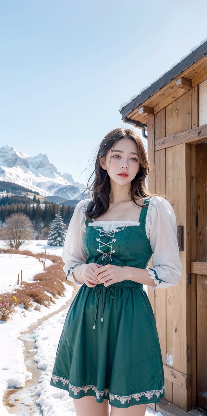 1girl, alpine meadow, early spring, wearing a traditional dirndl, melting snow, budding flowers, mountain backdrop, wooden chalet, crisp air, vibrant meadows, folklore charm, detailed embroidery, clear blue sky, refreshing tranquility, (Masterpiece, Photorealistic, 8K resolution, Ultra High Quality, Incredibly Detailed, Cinematic lighting, Perfect anatomy, RAW),