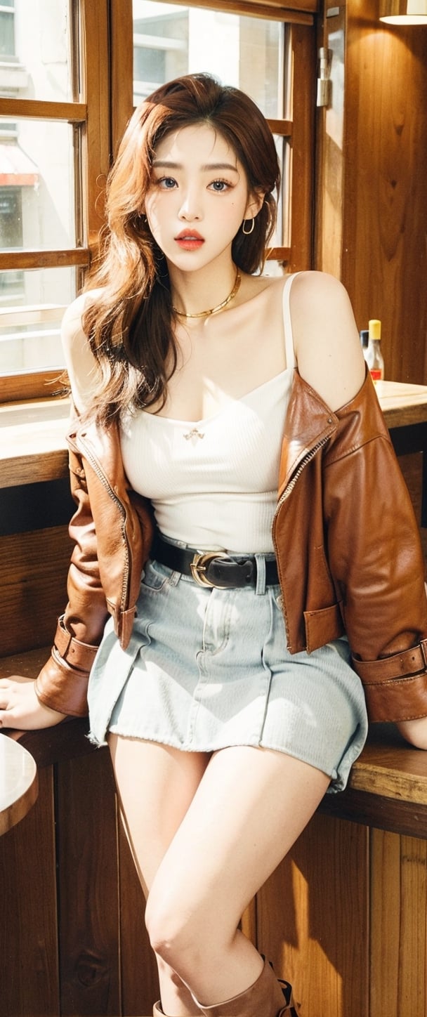 1girl, korean supermodel, solo, sitting on the bar table, with open legs wide, showing crotchless, has thick ((white long hair)), red leather jacket hangs down naturally, revealing her natural huge breasts, looking at the audience, wearing a high-shoulder sleeveless skirt, a red belt, bare shoulders, wearing a gold Earrings, red high-heeled leather boots, perfect long legs, bright blue eyes, heavy makeup and red lips, she sat at the bar.