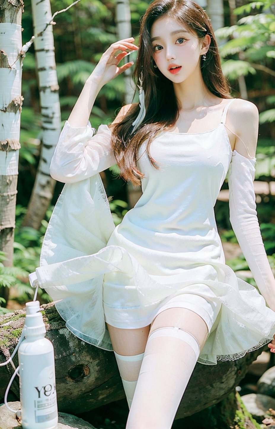 (winter Fairy:1.3), sexy poses, blur background, (white fantasy dress:1.3), transparent dress, (in the winter forest:1.3), (sit down tree:1.3), (white pantyhose:1.3), (spread_legs), focus, masterpiece, best quality, intricate detailed, Hyperrealistic, absurd res, milf, mature woman, perspective, highly detailed, illustration, 1girl, make up, ((medium breasts)), perfect hands, detailed fingers, beautiful detailed eyes, (white long hair:1.3), flowing feathers around, detailed background, blue eyes, seductive eyes, looking at the viewer, (from below:1.3,perfect light,Yewon,bdress
